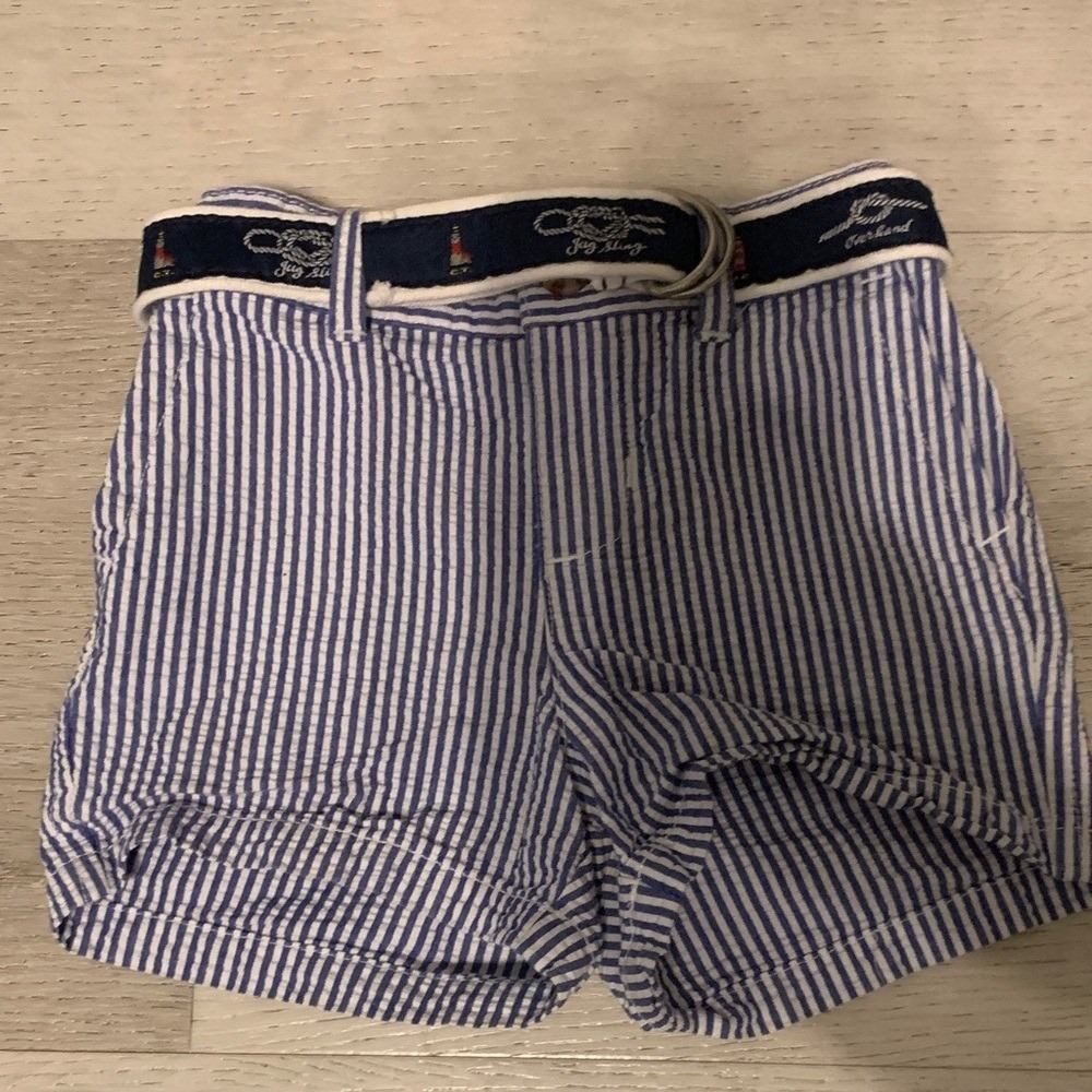 Ralph Lauren Kids Blue White Seersucker Nautical Belted Shorts 9M Preppy Coastal
